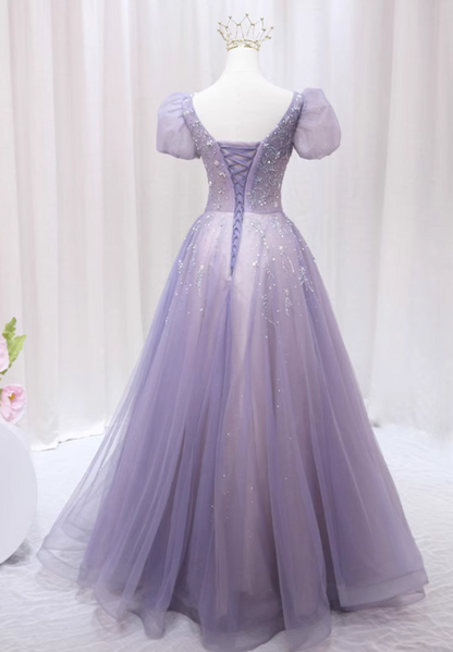 Classical A-Line Square Neck Lavender Tulle Sweet 16th Evening Gowns Sequins Puffy Short Sleeve Beaded Prom Dress AP4590