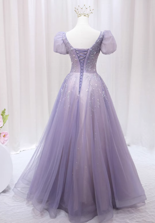 Classical A-Line Square Neck Lavender Tulle Sweet 16th Evening Gowns Sequins Puffy Short Sleeve Beaded Prom Dress AP4590