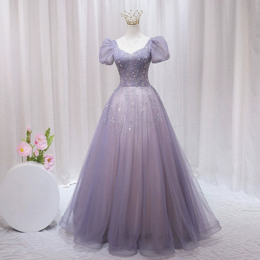 Classical A-Line Square Neck Lavender Tulle Sweet 16th Evening Gowns Sequins Puffy Short Sleeve Beaded Prom Dress AP4590