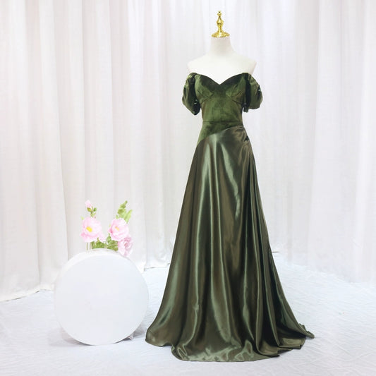 Fantastic A-Line Off-Shoulder Sweet 16th Formal Gowns Beads Sequins Velvet Satin Prom Dress AP4591