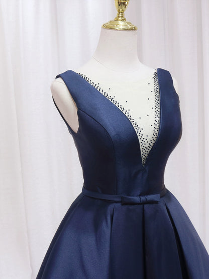 Cute Illusion Neck Navy Blue A-Line Birthday Dresses Sequins Bow Pleated Homecoming Dress AP4593