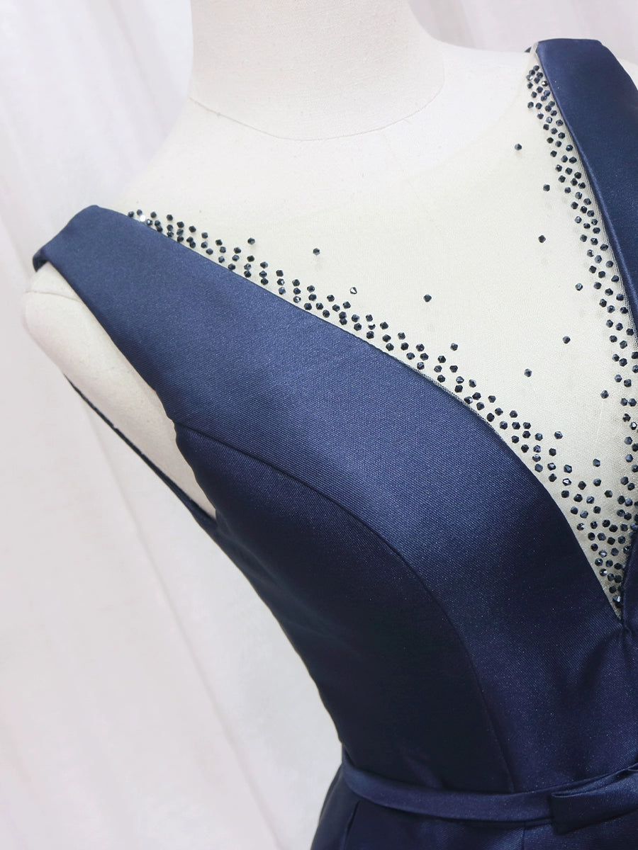 Cute Illusion Neck Navy Blue A-Line Birthday Dresses Sequins Bow Pleated Homecoming Dress AP4593