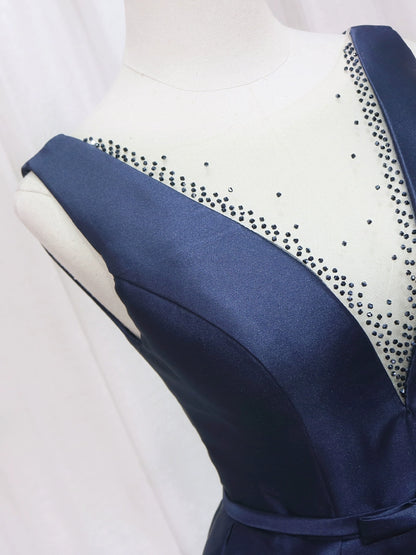 Cute Illusion Neck Navy Blue A-Line Birthday Dresses Sequins Bow Pleated Homecoming Dress AP4593