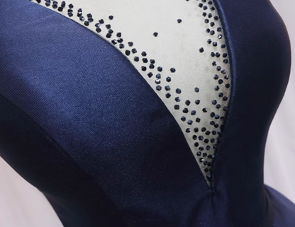 Cute Illusion Neck Navy Blue A-Line Birthday Dresses Sequins Bow Pleated Homecoming Dress AP4593