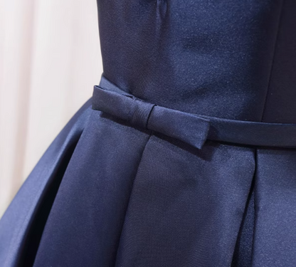 Cute Illusion Neck Navy Blue A-Line Birthday Dresses Sequins Bow Pleated Homecoming Dress AP4593