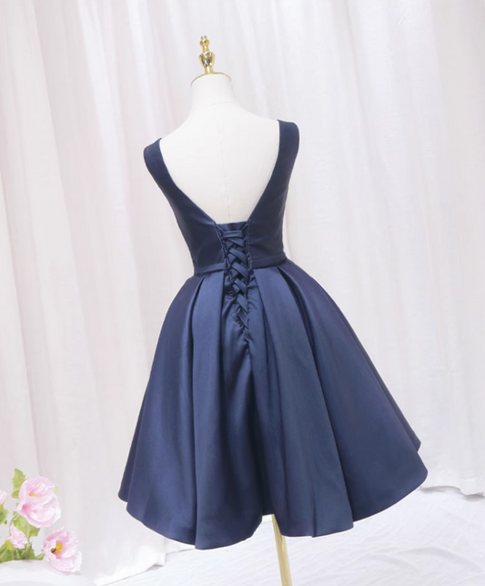 Cute Illusion Neck Navy Blue A-Line Birthday Dresses Sequins Bow Pleated Homecoming Dress AP4593