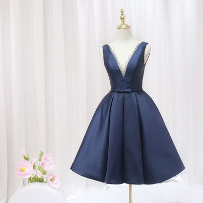 Cute Illusion Neck Navy Blue A-Line Birthday Dresses Sequins Bow Pleated Homecoming Dress AP4593