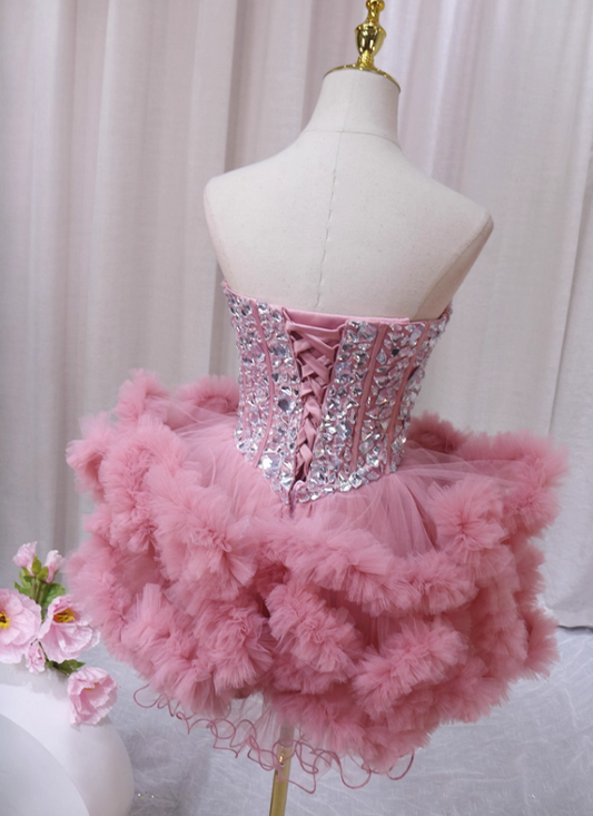 Lovely Strapless A-Line Birthday Dresses Rhinestones Ruffles Tulle Pink Homecoming Dress AP4594