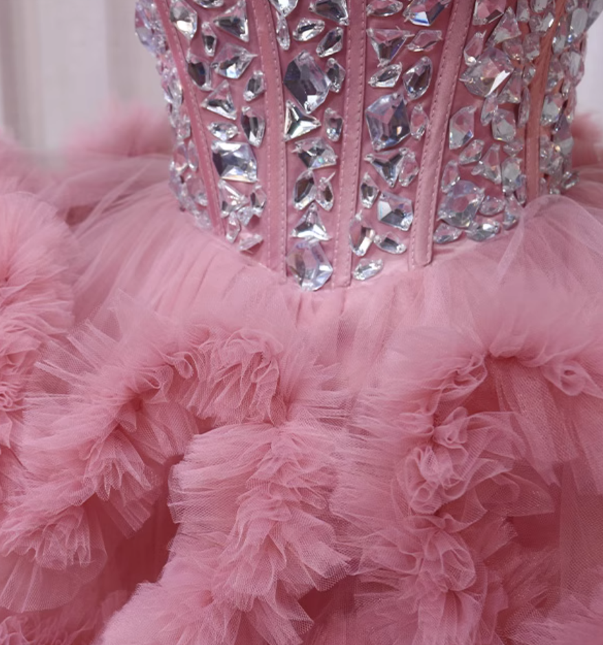 Lovely Strapless A-Line Birthday Dresses Rhinestones Ruffles Tulle Pink Homecoming Dress AP4594