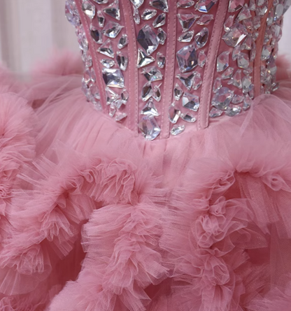 Lovely Strapless A-Line Birthday Dresses Rhinestones Ruffles Tulle Pink Homecoming Dress AP4594