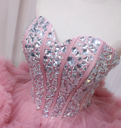 Lovely Strapless A-Line Birthday Dresses Rhinestones Ruffles Tulle Pink Homecoming Dress AP4594