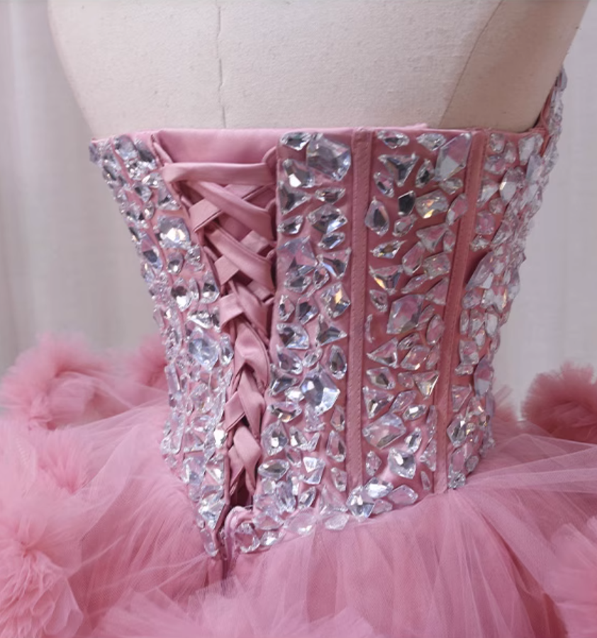 Lovely Strapless A-Line Birthday Dresses Rhinestones Ruffles Tulle Pink Homecoming Dress AP4594