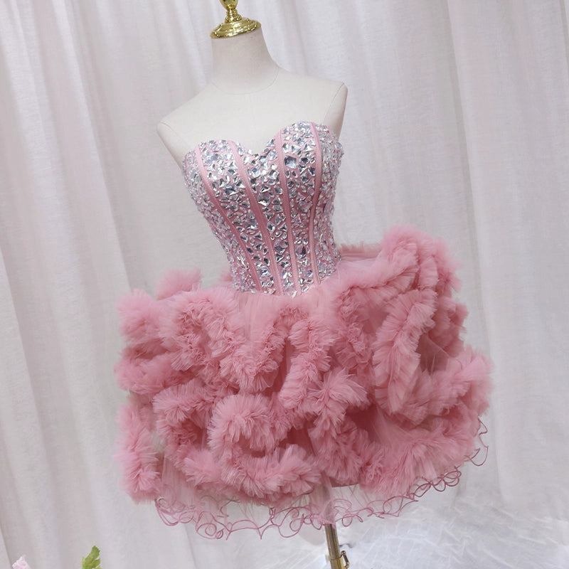 Lovely Strapless A-Line Birthday Dresses Rhinestones Ruffles Tulle Pink Homecoming Dress AP4594
