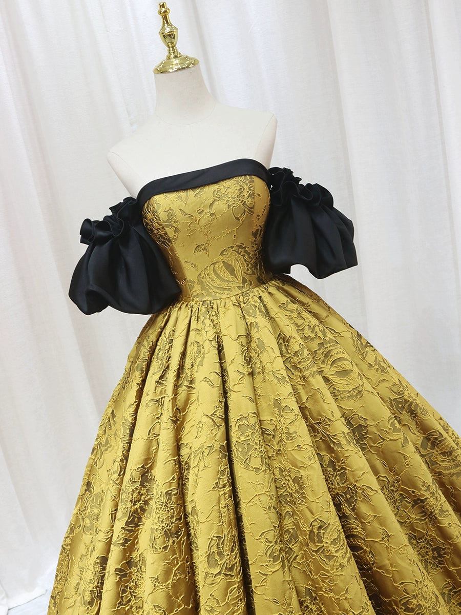 Vintage A-Line Off-Shoulder Sweet 16th Formal Gowns Floral Jacquard Pleated Prom Dress AP4595