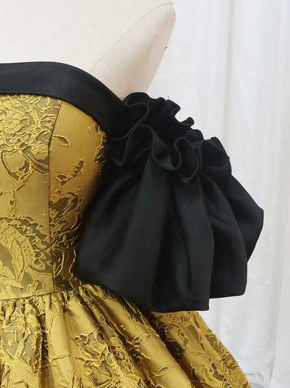Vintage A-Line Off-Shoulder Sweet 16th Formal Gowns Floral Jacquard Pleated Prom Dress AP4595