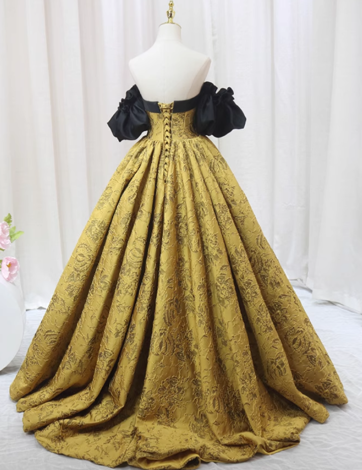 Vintage A-Line Off-Shoulder Sweet 16th Formal Gowns Floral Jacquard Pleated Prom Dress AP4595