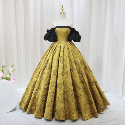 Vintage A-Line Off-Shoulder Sweet 16th Formal Gowns Floral Jacquard Pleated Prom Dress AP4595
