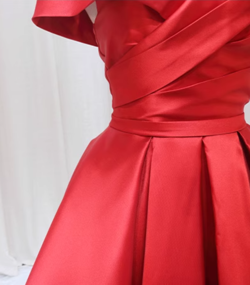 Artistic A-Line Off-Shoulder Sweet 16th Evening Gowns Simple Red Pleated Satin Prom Dress AP4596