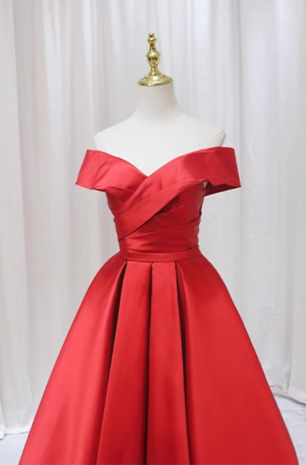 Artistic A-Line Off-Shoulder Sweet 16th Evening Gowns Simple Red Pleated Satin Prom Dress AP4596