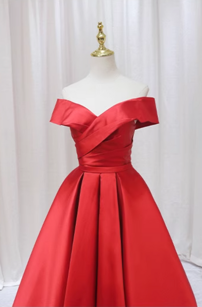 Artistic A-Line Off-Shoulder Sweet 16th Evening Gowns Simple Red Pleated Satin Prom Dress AP4596