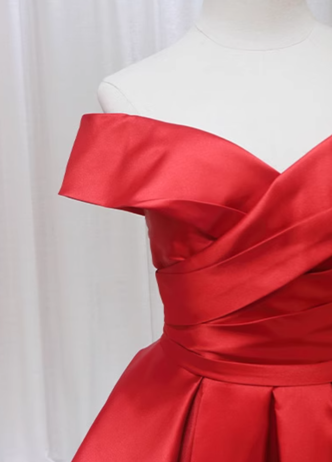 Artistic A-Line Off-Shoulder Sweet 16th Evening Gowns Simple Red Pleated Satin Prom Dress AP4596