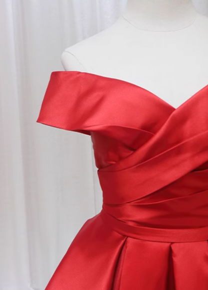 Artistic A-Line Off-Shoulder Sweet 16th Evening Gowns Simple Red Pleated Satin Prom Dress AP4596