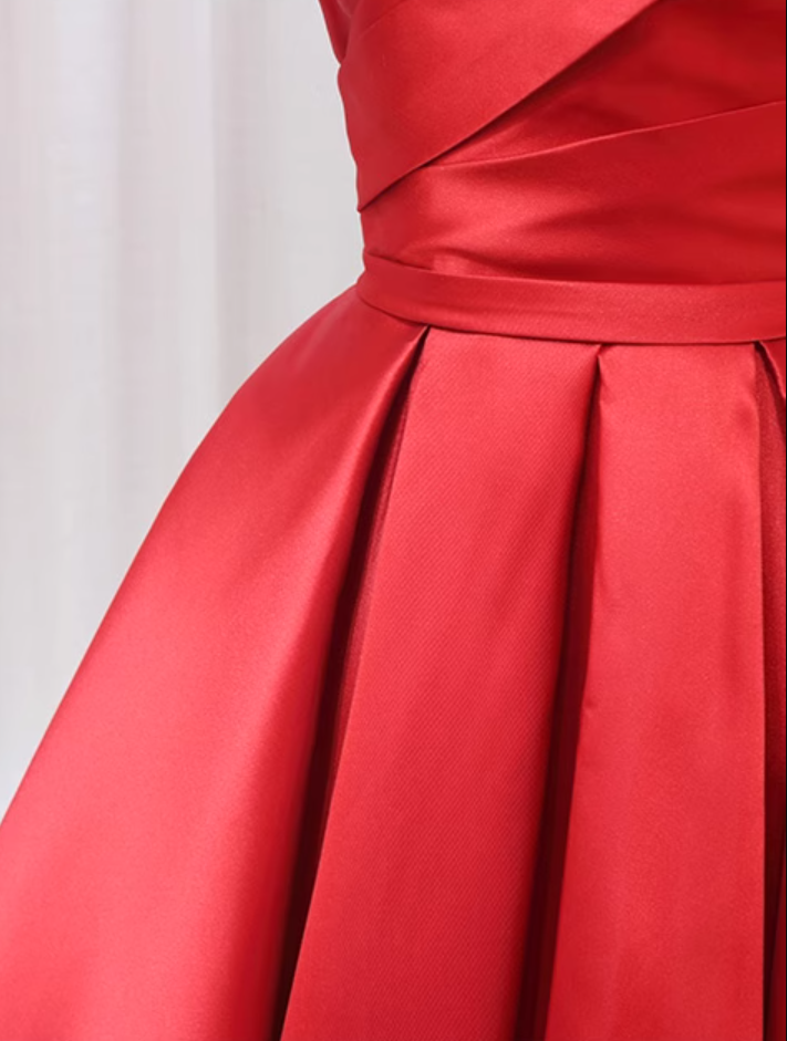 Artistic A-Line Off-Shoulder Sweet 16th Evening Gowns Simple Red Pleated Satin Prom Dress AP4596