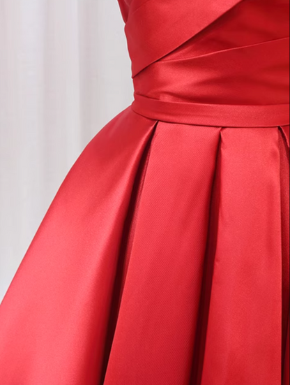 Artistic A-Line Off-Shoulder Sweet 16th Evening Gowns Simple Red Pleated Satin Prom Dress AP4596