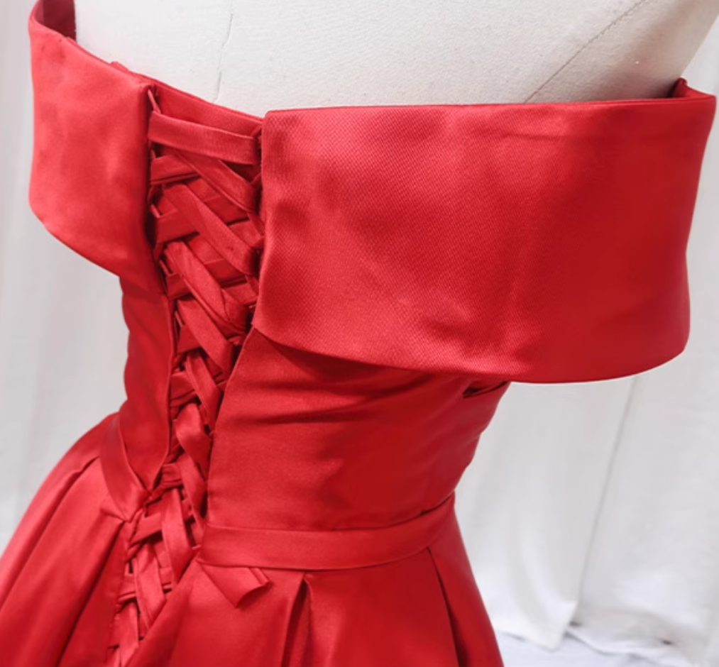 Artistic A-Line Off-Shoulder Sweet 16th Evening Gowns Simple Red Pleated Satin Prom Dress AP4596