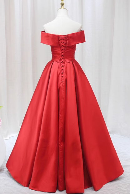 Artistic A-Line Off-Shoulder Sweet 16th Evening Gowns Simple Red Pleated Satin Prom Dress AP4596