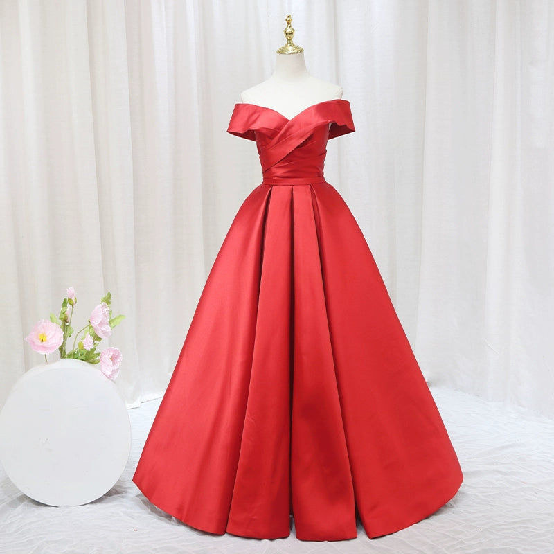 Artistic A-Line Off-Shoulder Sweet 16th Evening Gowns Simple Red Pleated Satin Prom Dress AP4596