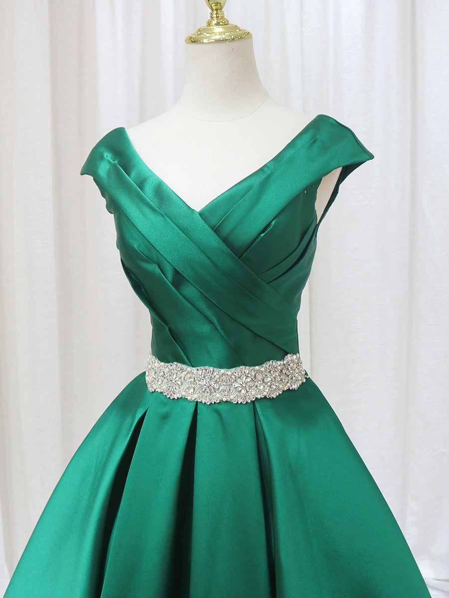 Dreamy A-Line V Neck Pleated Sweet 16th Evening Gowns Short Sleeve Rhinestones Beads Prom Dress AP4597