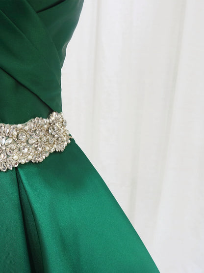 Dreamy A-Line V Neck Pleated Sweet 16th Evening Gowns Short Sleeve Rhinestones Beads Prom Dress AP4597