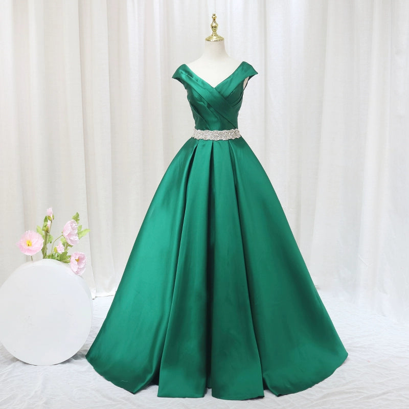 Dreamy A-Line V Neck Pleated Sweet 16th Evening Gowns Short Sleeve Rhinestones Beads Prom Dress AP4597