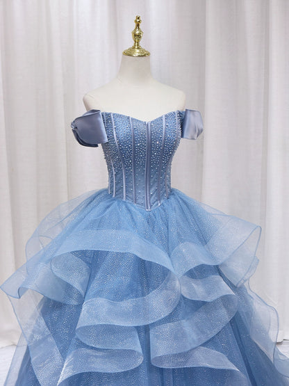 Ethereal A-Line Blue Strapless Sweet 16th Evening Gowns Sequins Beads Ruffles Tulle Prom Dress AP4598