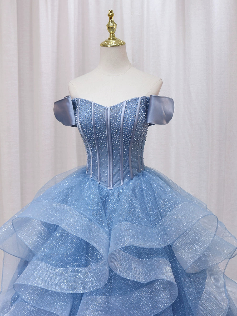 Ethereal A-Line Blue Strapless Sweet 16th Evening Gowns Sequins Beads Ruffles Tulle Prom Dress AP4598