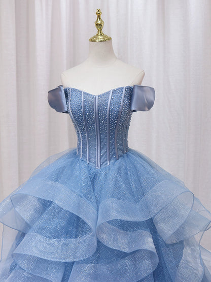Ethereal A-Line Blue Strapless Sweet 16th Evening Gowns Sequins Beads Ruffles Tulle Prom Dress AP4598