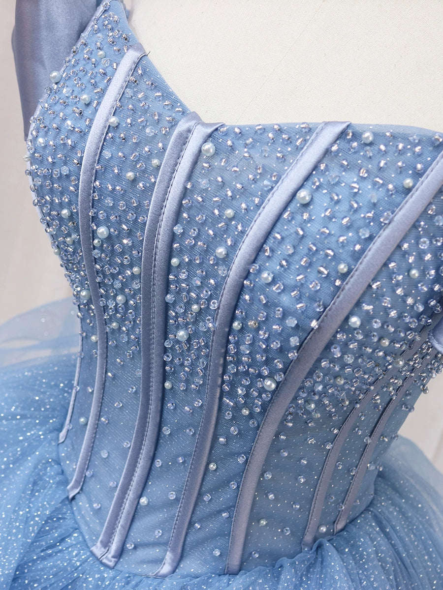 Ethereal A-Line Blue Strapless Sweet 16th Evening Gowns Sequins Beads Ruffles Tulle Prom Dress AP4598