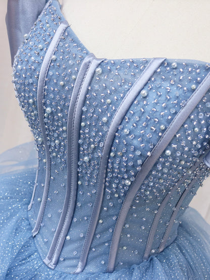Ethereal A-Line Blue Strapless Sweet 16th Evening Gowns Sequins Beads Ruffles Tulle Prom Dress AP4598