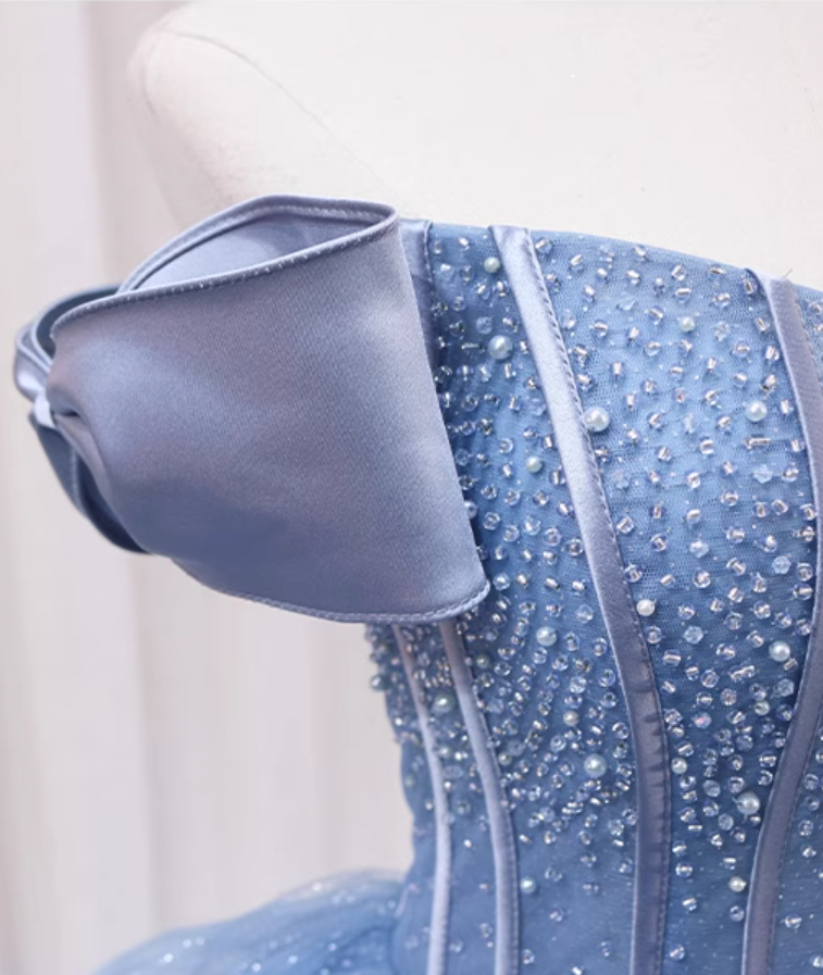Ethereal A-Line Blue Strapless Sweet 16th Evening Gowns Sequins Beads Ruffles Tulle Prom Dress AP4598