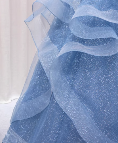 Ethereal A-Line Blue Strapless Sweet 16th Evening Gowns Sequins Beads Ruffles Tulle Prom Dress AP4598