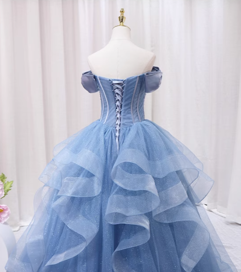 Ethereal A-Line Blue Strapless Sweet 16th Evening Gowns Sequins Beads Ruffles Tulle Prom Dress AP4598