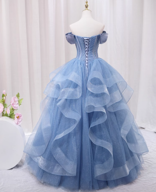 Ethereal A-Line Blue Strapless Sweet 16th Evening Gowns Sequins Beads Ruffles Tulle Prom Dress AP4598