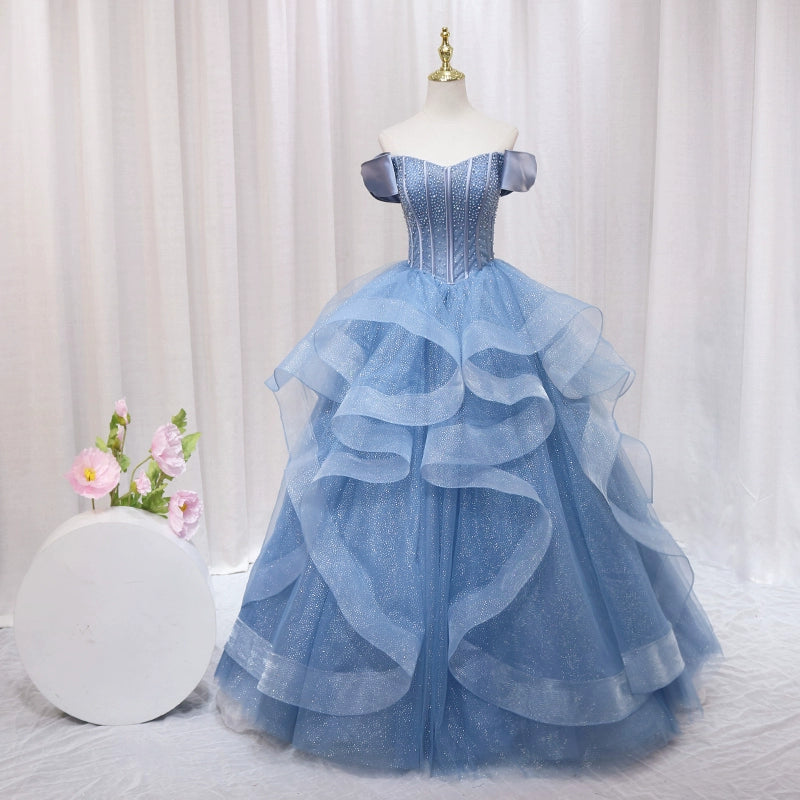 Ethereal A-Line Blue Strapless Sweet 16th Evening Gowns Sequins Beads Ruffles Tulle Prom Dress AP4598