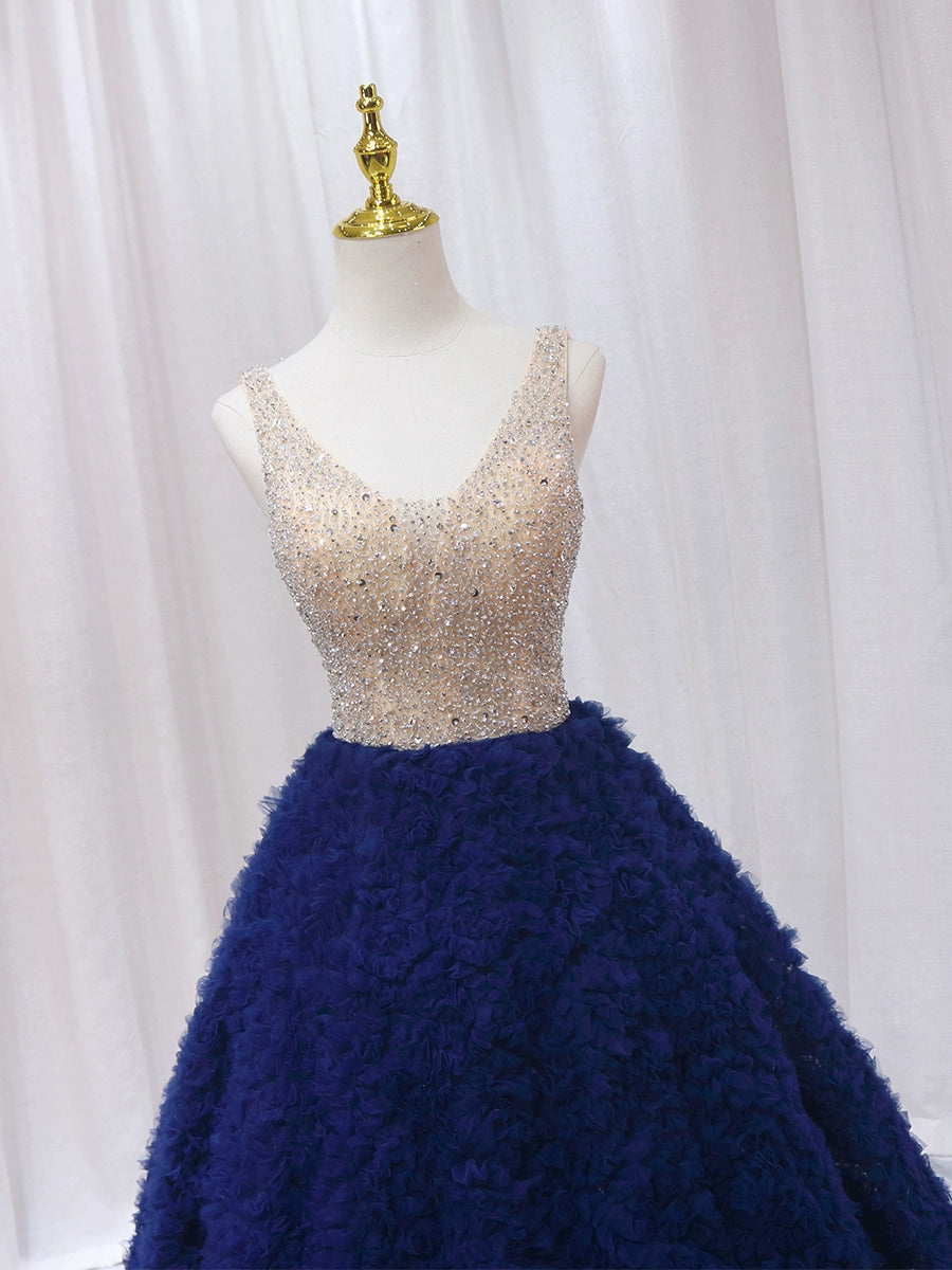 Sheen A-Line V Neck Sweet 16th Gowns Ruffles Tulle Sequins Beaded Prom Dress AP4599