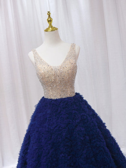 Sheen A-Line V Neck Sweet 16th Gowns Ruffles Tulle Sequins Beaded Prom Dress AP4599