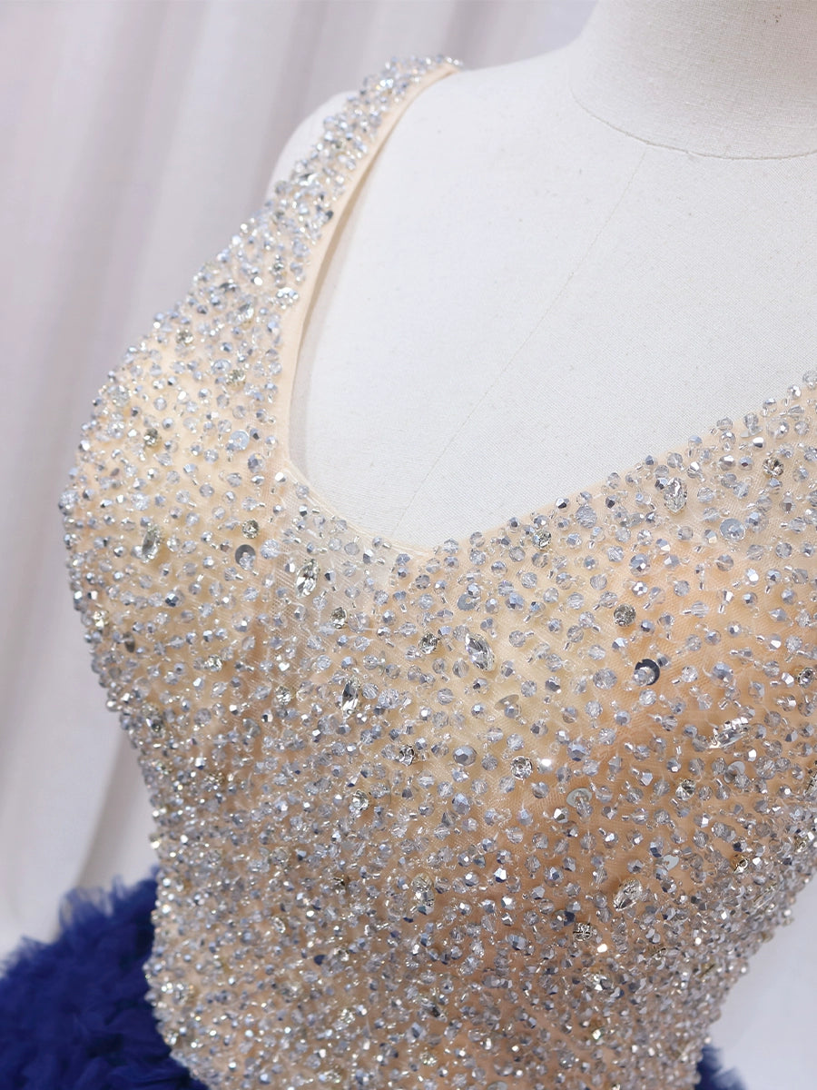 Sheen A-Line V Neck Sweet 16th Gowns Ruffles Tulle Sequins Beaded Prom Dress AP4599