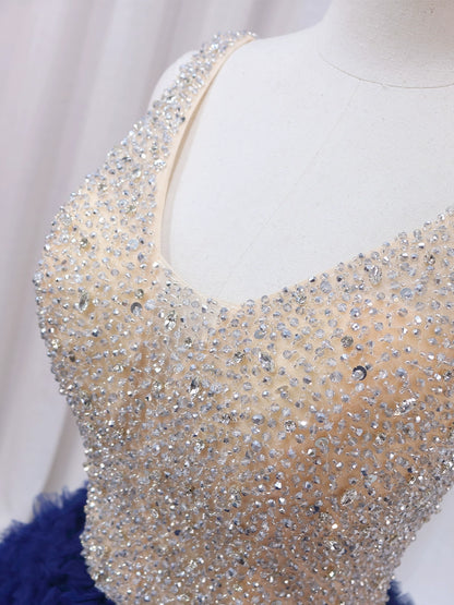 Sheen A-Line V Neck Sweet 16th Gowns Ruffles Tulle Sequins Beaded Prom Dress AP4599