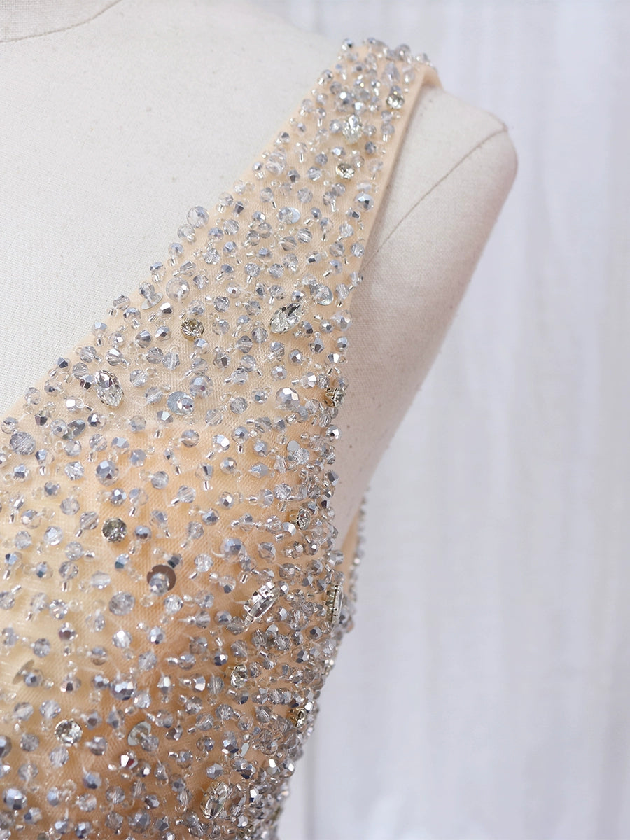 Sheen A-Line V Neck Sweet 16th Gowns Ruffles Tulle Sequins Beaded Prom Dress AP4599