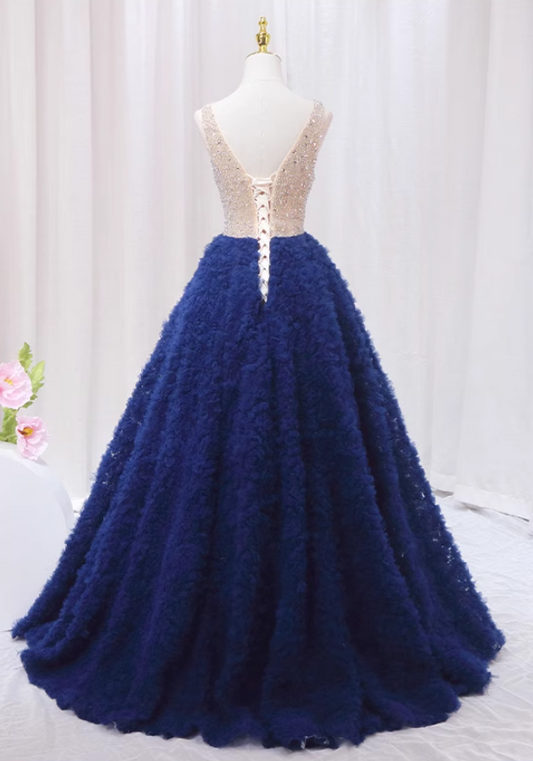 Sheen A-Line V Neck Sweet 16th Gowns Ruffles Tulle Sequins Beaded Prom Dress AP4599